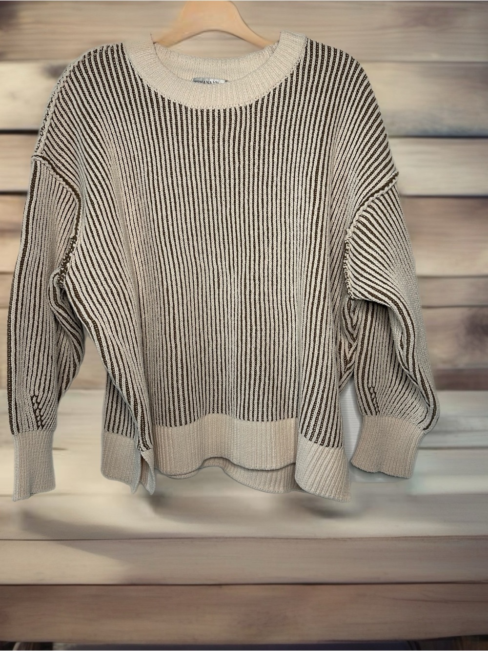 NWT Zenana Cream and Brown Ribbed Crewneck Sweater          Size L/XL